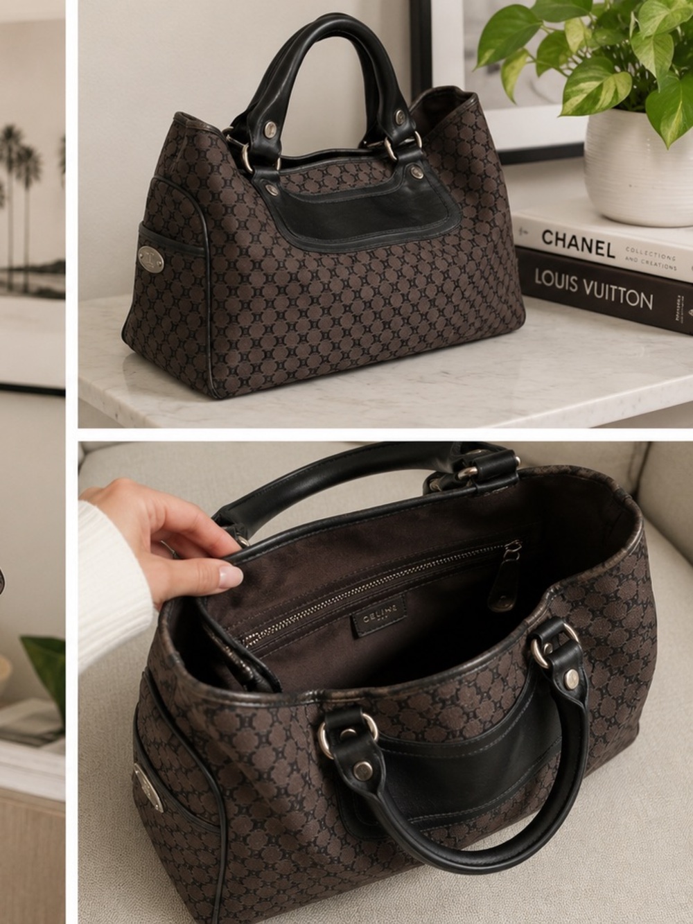 Celine Brown Monogram Hobo with Black Handles Vintage - Picture 2 of 12